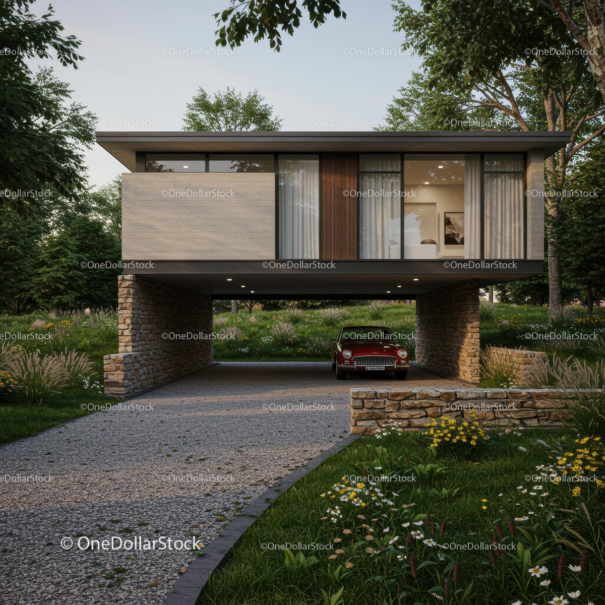Modern Elevated House with Vintage Car in Lush Setting