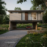 Modern Elevated House with Vintage Car in Lush Setting