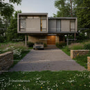 Modern Elevated Home with Classic Car in Scenic Garden