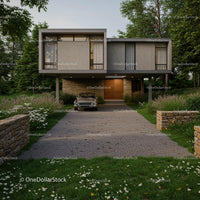 Modern Elevated Home with Classic Car in Scenic Garden