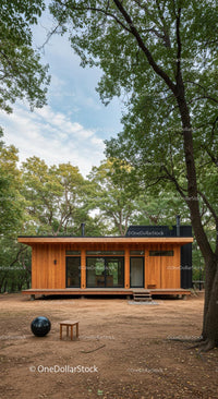 Modern Wooden Cabin in Tranquil Forest Setting