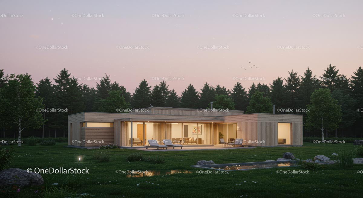 Modern Wooden House in Forest Setting at Sunset