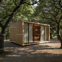 Modern Wooden Cabin Amidst Tranquil Forest Setting