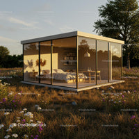 Modern Glass House in a Serene Natural Setting at Sunset