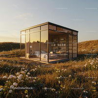 Modern Glass House in Serene, Sunset-Lit Landscape