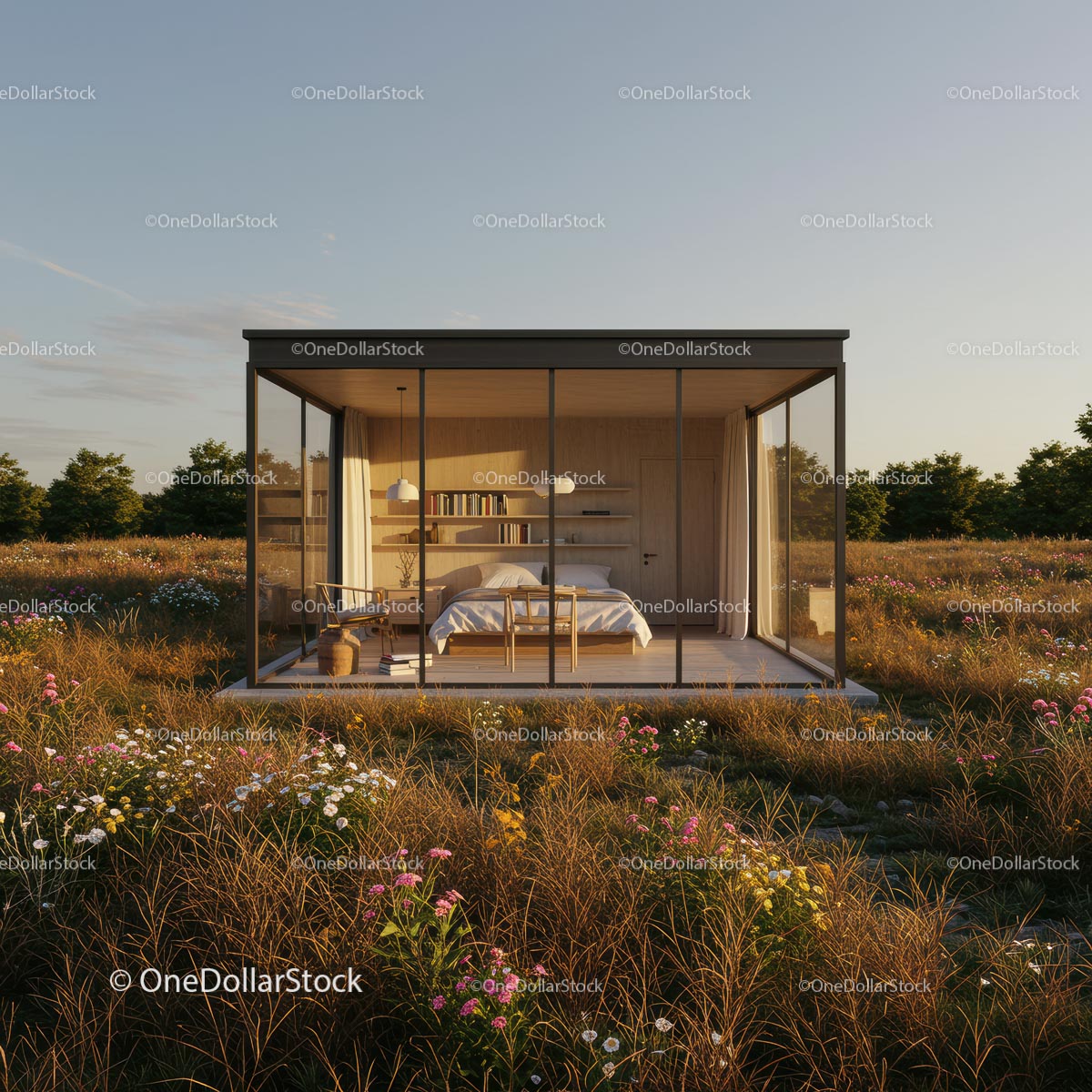 Modern Glass House in Blooming Meadow at Sunset