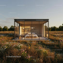 Modern Glass House in Blooming Meadow at Sunset