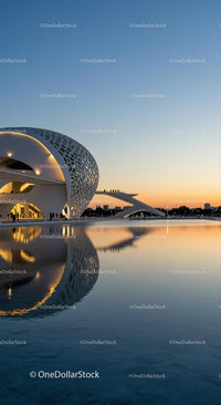 Futuristic Dome and Reflective Pool at Sunset