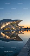 Futuristic Architecture at Sunset with Reflective Waters