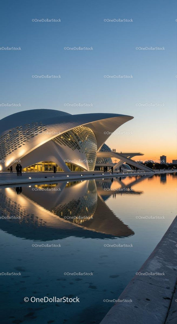 Futurystyczna architektura o zachodzie słońca z odbijającą się wodą