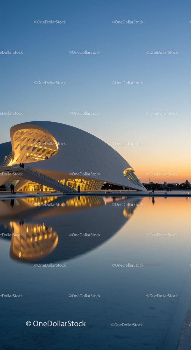 Futurystyczna architektura o zachodzie słońca z odbiciem w wodzie