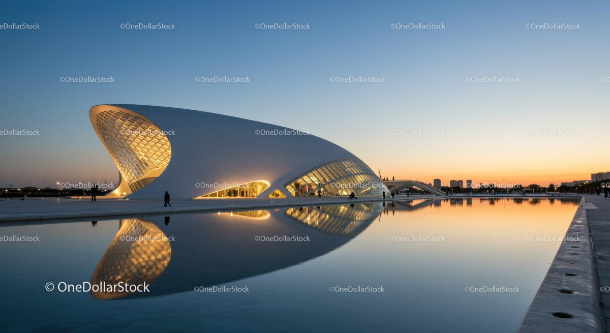 Futurystyczna architektura o zachodzie słońca w Walencji