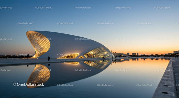 Futurystyczna architektura o zachodzie słońca w Walencji