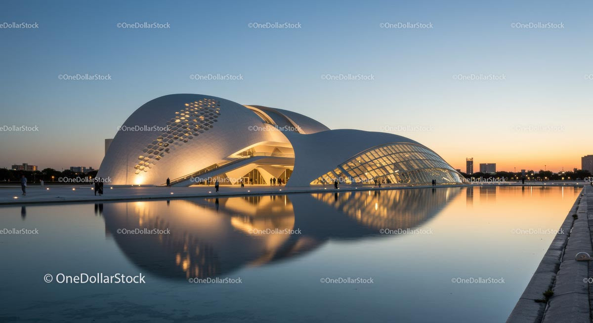 Futuristic Building Reflecting at Sunset on Calm Waters