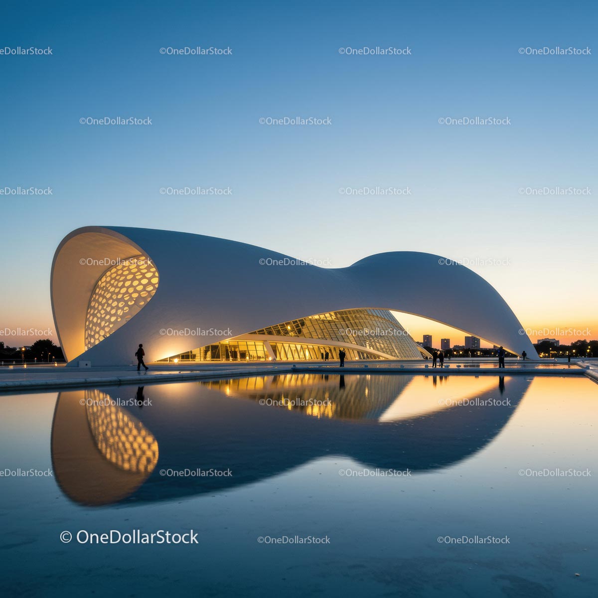 Futuristic Building Reflecting in Evening Light