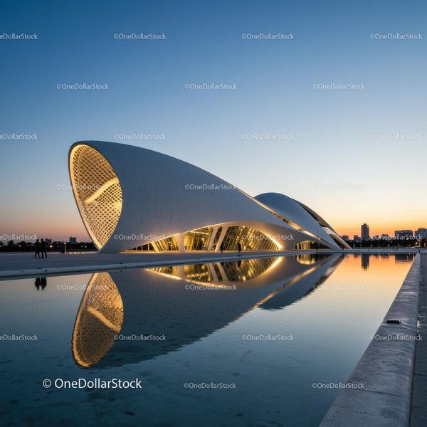 Futurystyczna architektura odbijająca się w zmierzchowych wodach