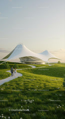 Futuristic Pavilion with Walking Couple at Sunset