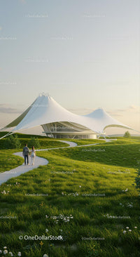Futuristic Pavilion with Walking Couple at Sunset
