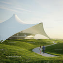 Futuristic White Canopy Structure with Green Hills and Pathway