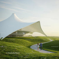 Futuristic White Canopy Structure with Green Hills and Pathway