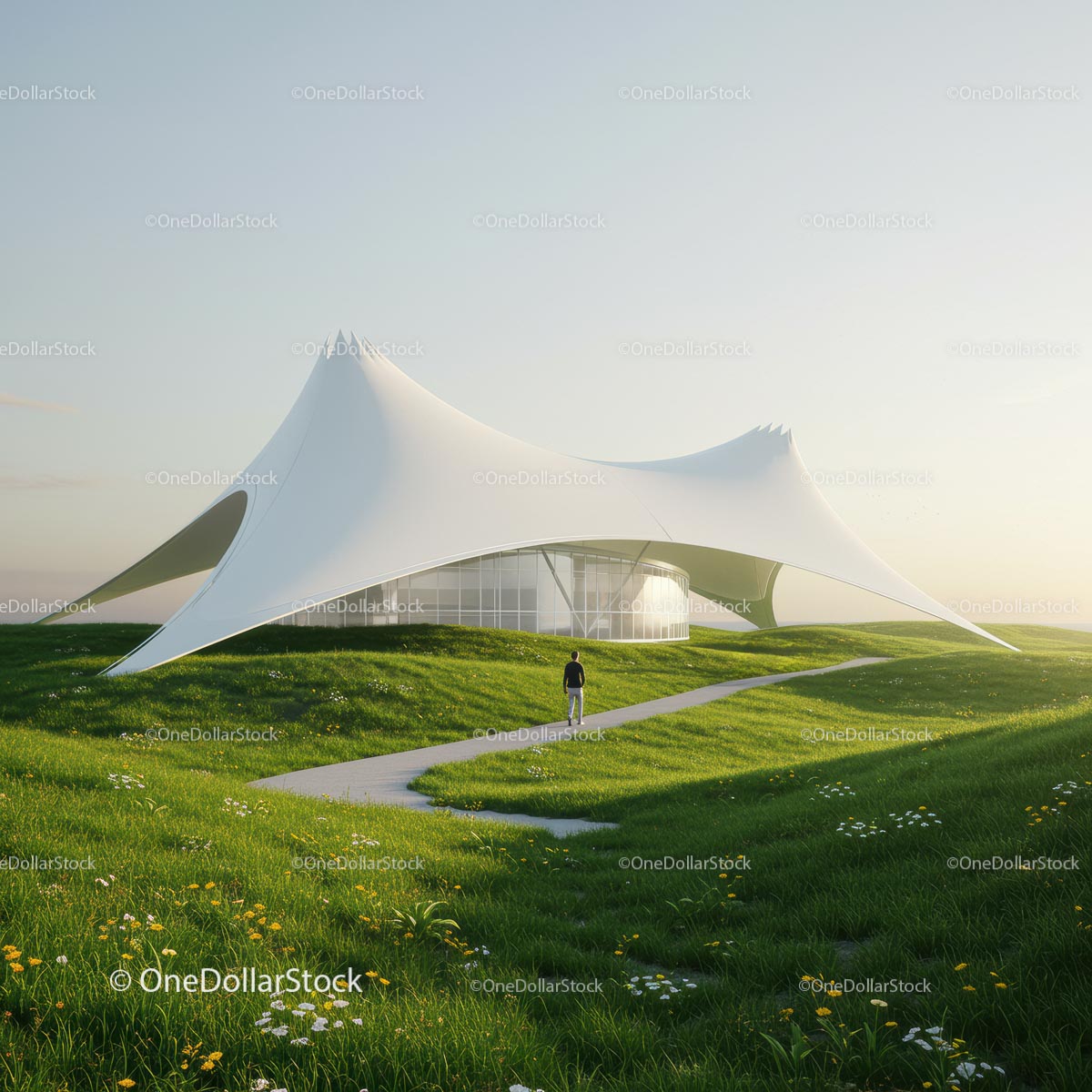 Futuristic White Canopy Pavilion on a Green Landscape