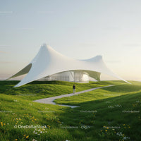 Futuristic White Canopy Pavilion on a Green Landscape