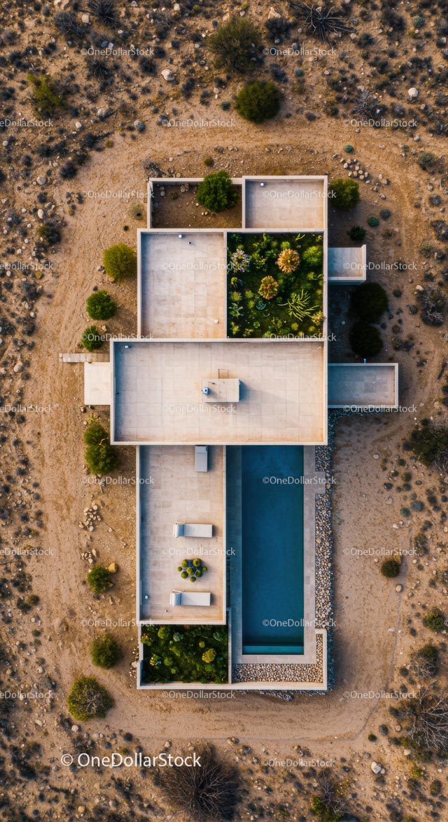 Aerial View of a Modern Desert Home with Rooftop Garden