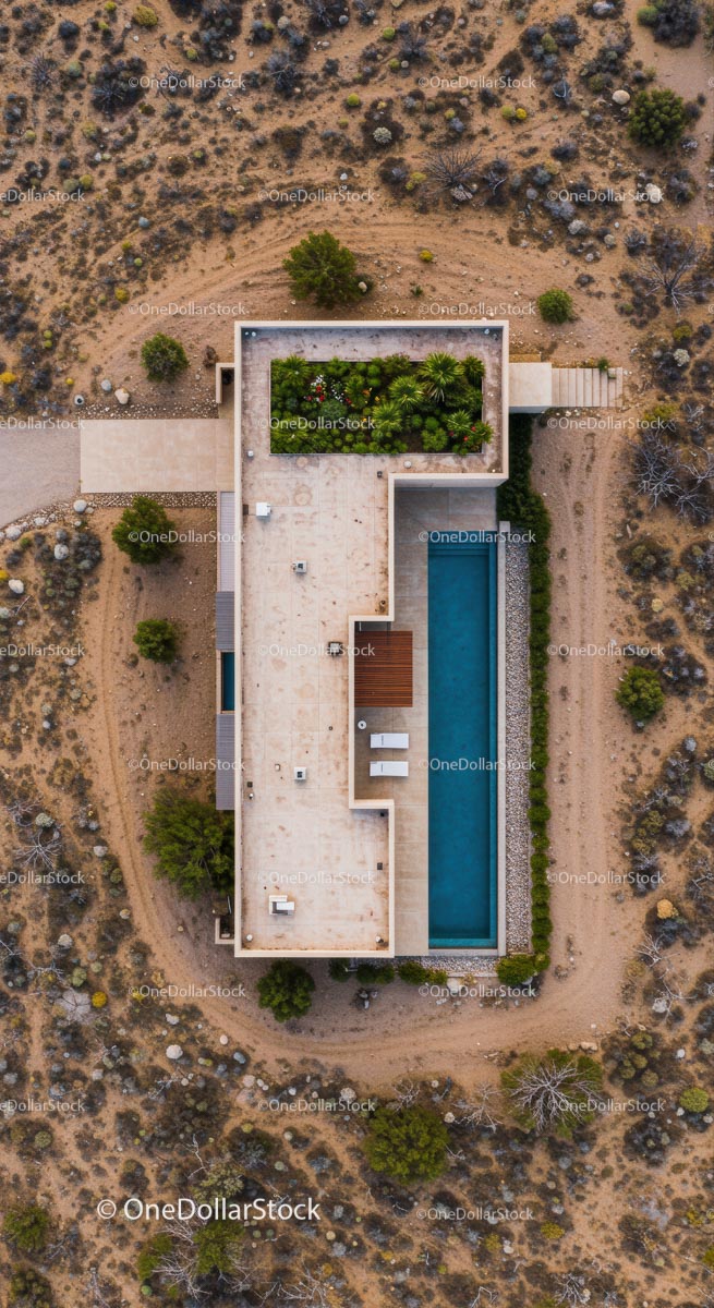 Aerial View of Modern Desert Home with Pool and Garden