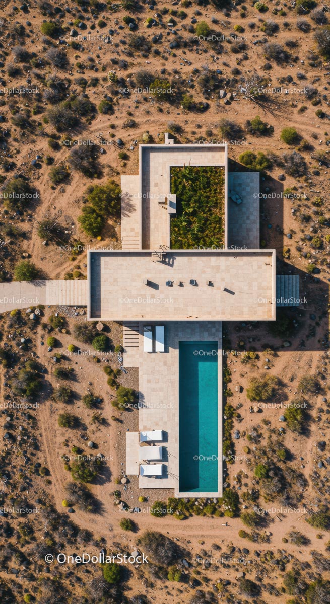 Aerial View of Modern Desert Villa with Pool and Rooftop Terrace