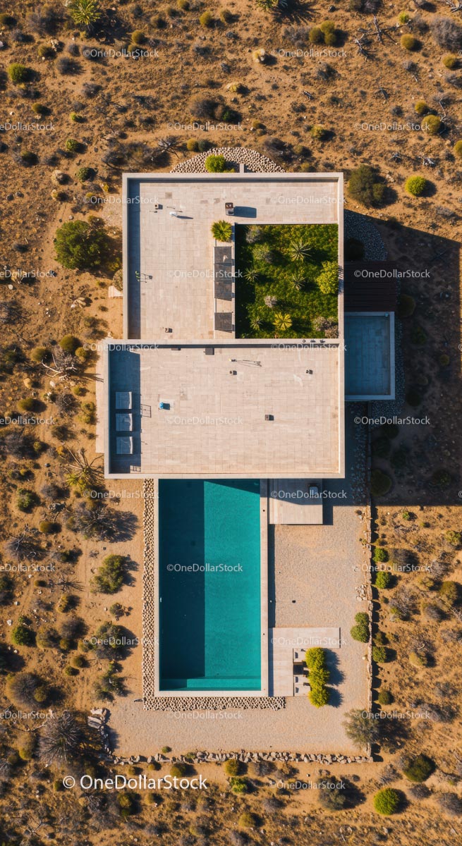 Aerial View of Modern Desert Home with Pool