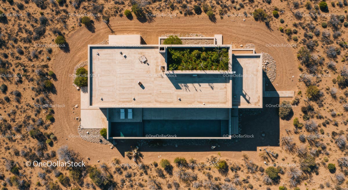 Aerial View of Modern Desert Home with Rooftop Garden