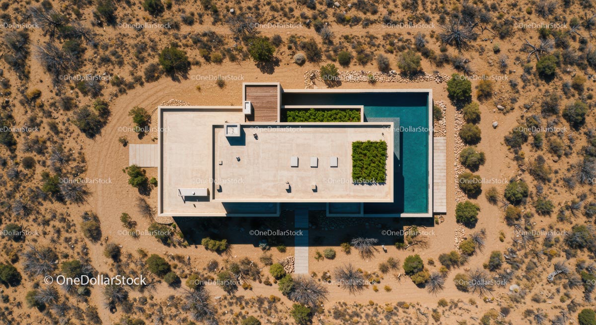 Aerial View of Modern Desert House with Rooftop Garden