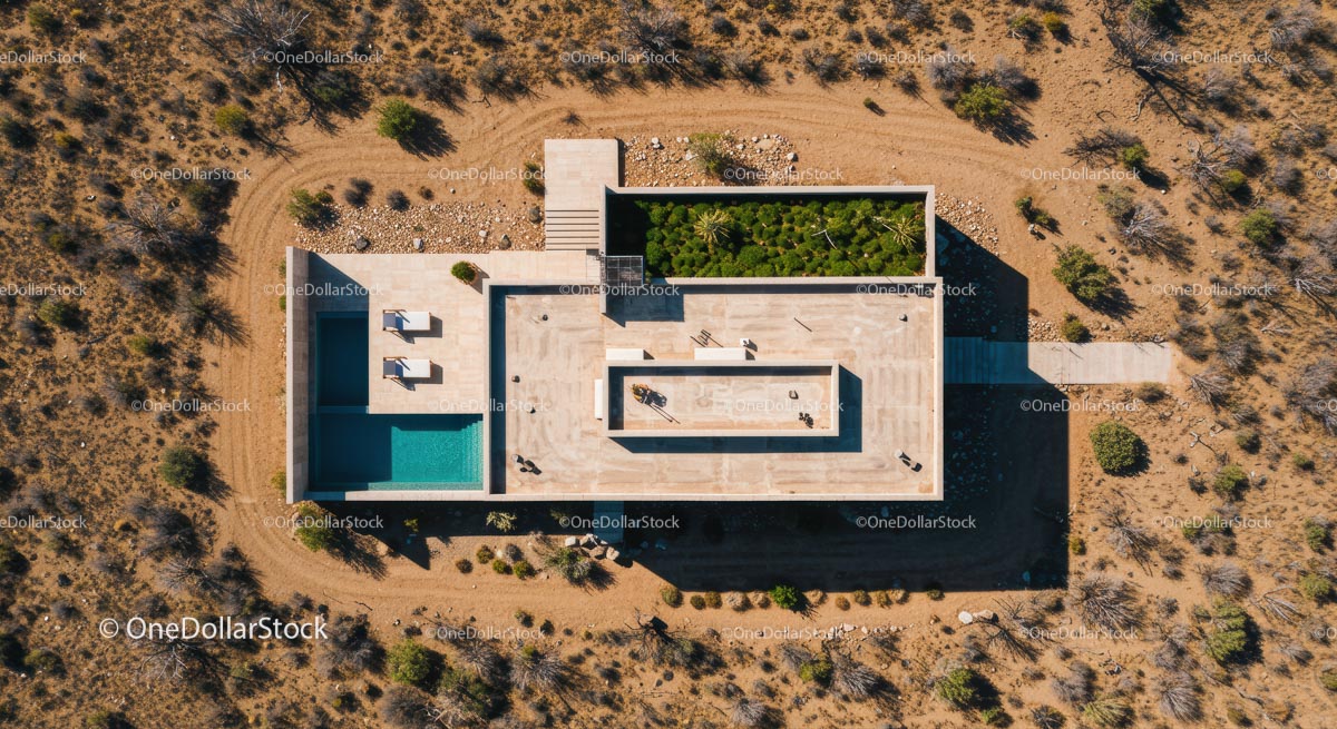 Aerial View of Modern Desert Home with Pool and Rooftop Garden
