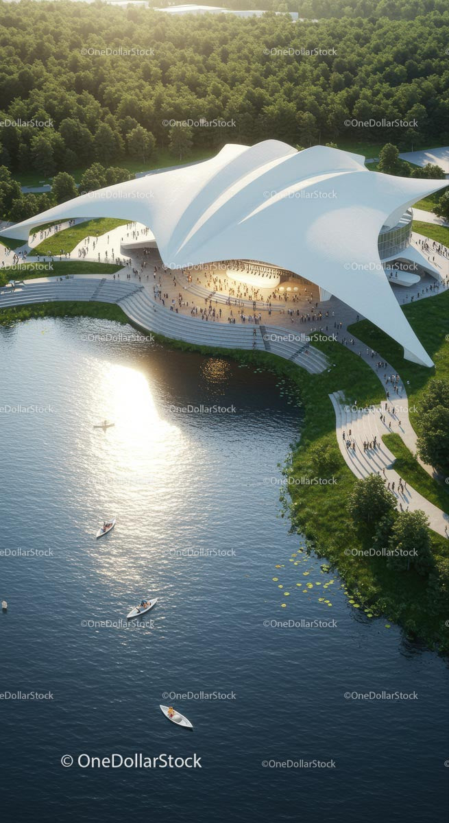 Modern Waterfront Auditorium in Serene Forest Setting