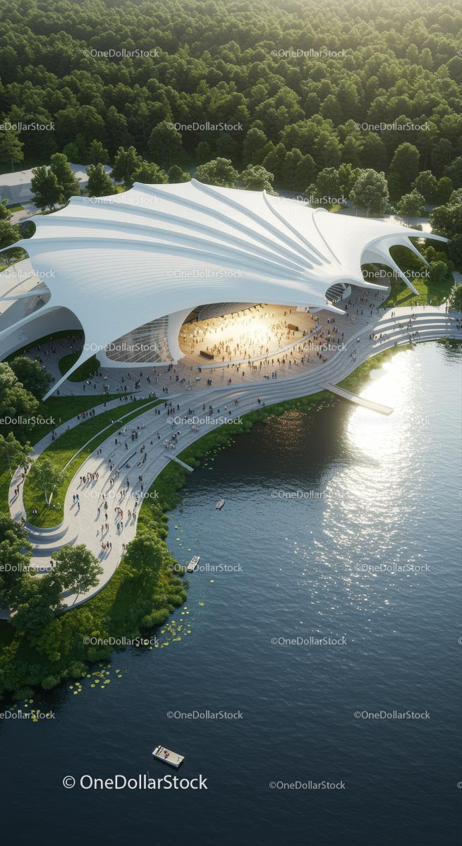 Futuristic Pavilion Overlooking Serene Riverside
