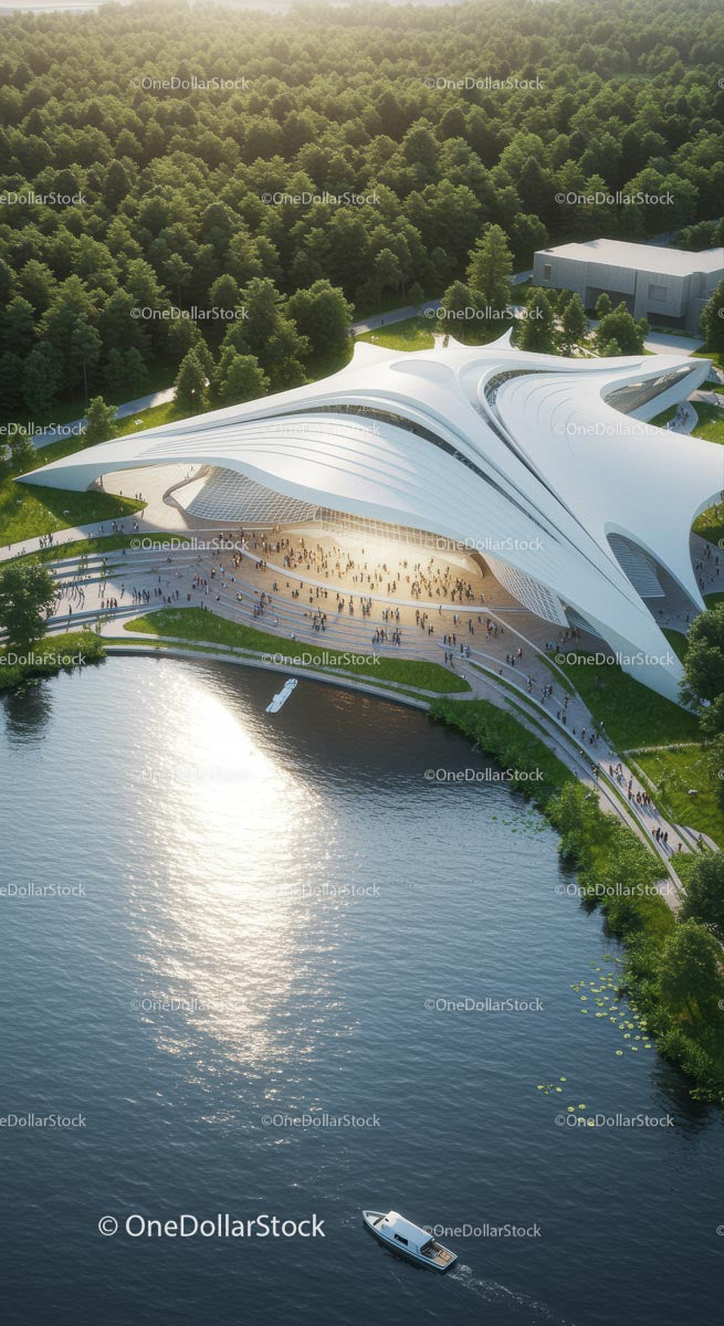 Futuristic Waterfront Pavilion Amidst Lush Forest