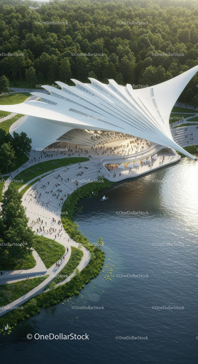Futuristic Pavilion by Scenic Waterfront with Lush Greenery