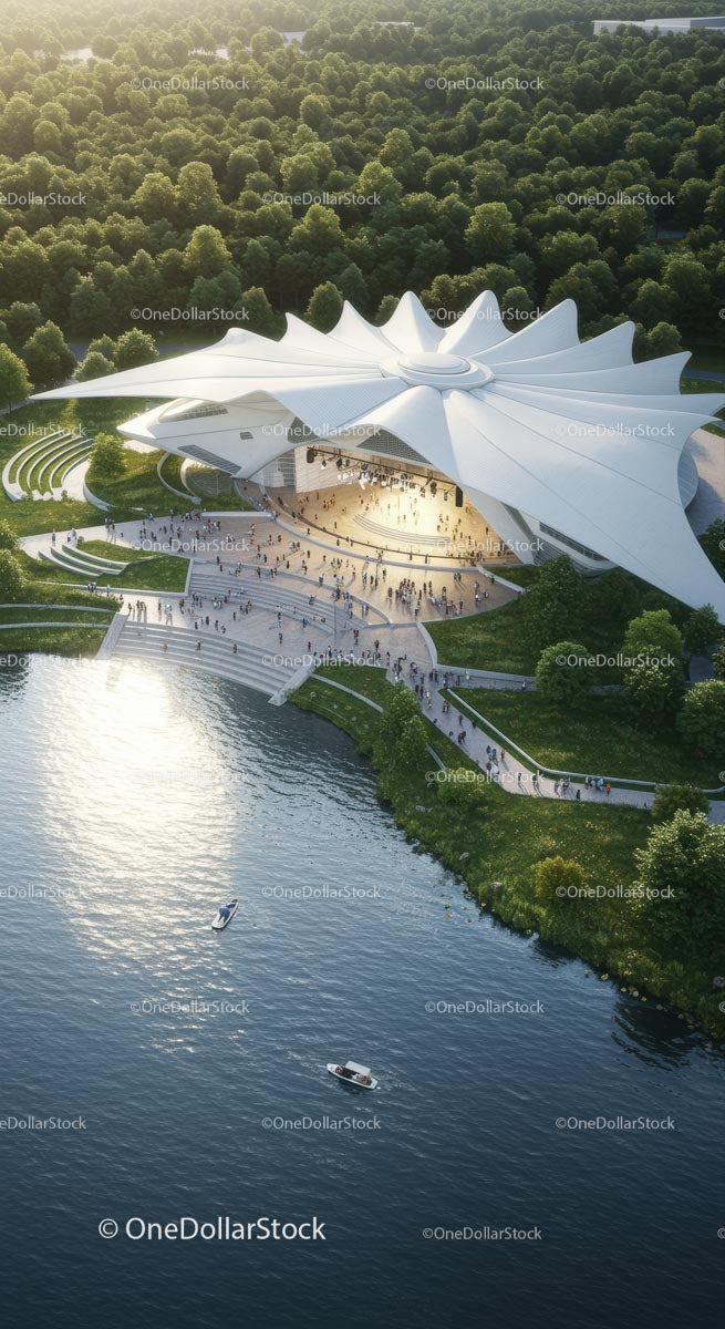 Futurystyczna struktura architektoniczna wśród bujnej zieleni i jeziora