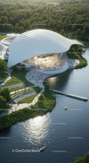 Futuristic Building with Green Surrounds by Waterfront