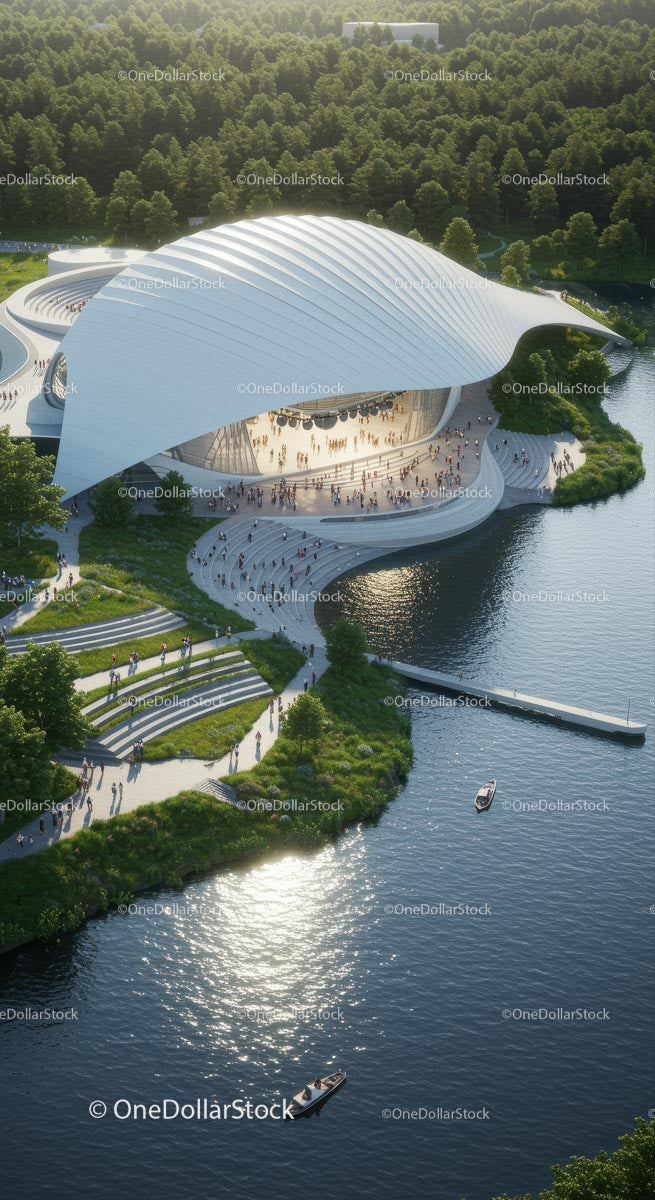 Futuristic Building with Green Surrounds by Waterfront