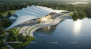 Futuristic Waterfront Building with Lush Greenery