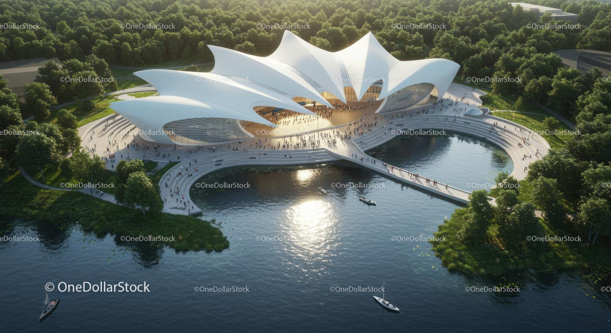 Futuristic Waterfront Pavilion with Elegant White Roof