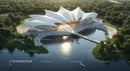 Futuristic Waterfront Pavilion with Elegant White Roof