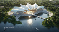 Futuristic Waterfront Pavilion with Elegant White Roof