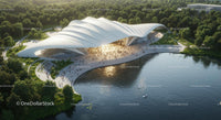 Futuristic Waterfront Venue with Curved White Roof