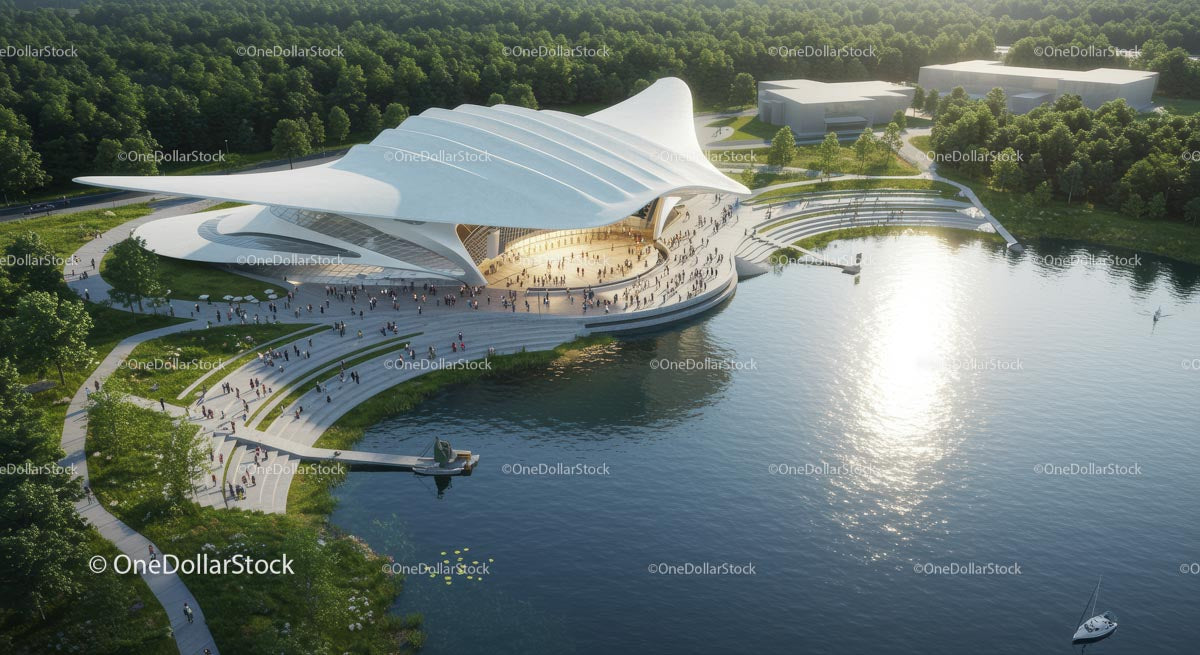 Modern Amphitheater by a Tranquil Lake
