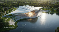 Futuristic Waterfront Building with Scenic Landscaping