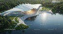 Futuristic Building by Scenic Waterfront with Lush Greenery