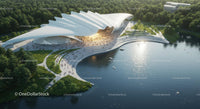 Futuristic Building by Scenic Waterfront with Lush Greenery