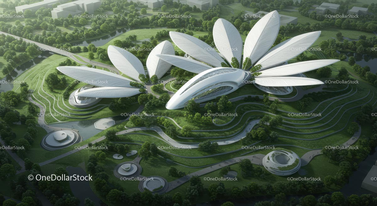 Futurystyczny kompleks architektoniczny w kształcie białego płatka